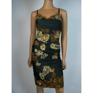 $250 Shireen Black Satin Gold Floral Lace Applique Sheath Dress S 4 6 NEW S412